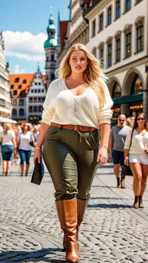 Prompt: Beautiful German plus-size model, intricate square face, long blonde hair, blue eyes, upturned nose, natural makeup, curvy buxom figure, leggy, white sweater, Kangol cap, khaki slacks tucked into leather boots, (busy crowded Marienplatz), Munich summer scene, 8k, professional, detailed, natural full-figure, European, realistic, bustling urban setting, natural lighting, summer cityscape, bosomy curvy physique 