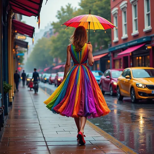 Prompt: a woman walking down a street holding an umbrella in the rain with a rainbow colored dress on her body, Annabel Kidston, neo-fauvism, complementing colors, a photorealistic painting