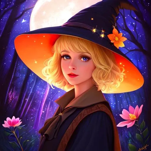 Prompt: a young witch with short blonde hair, Disney style, witch hat, moon, forest, flowers, nighttime, galaxy, soft light, art, painting, sweet, fireflies, pastel, vaporwave