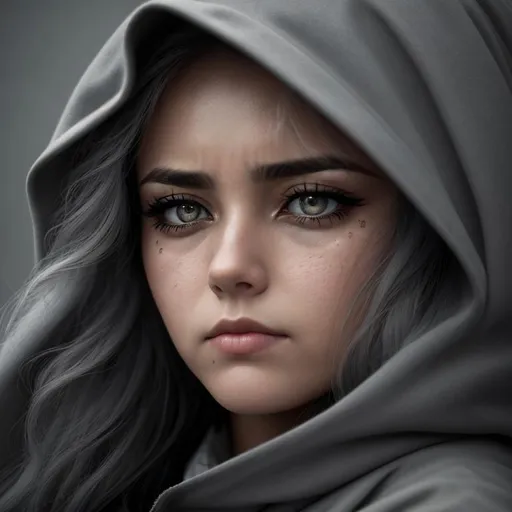 Prompt: A mournful woman in a color scheme of stormy gray, sad eyes, facial closeup