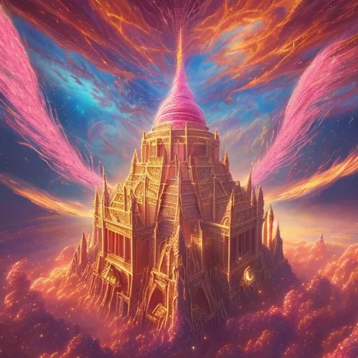 Prompt: A breath taking view of The temple of the spirit realm floating in the sunny sky surrounded by pink and gold cosmic space dust fantasy 100k realistic beautiful dream colourful 