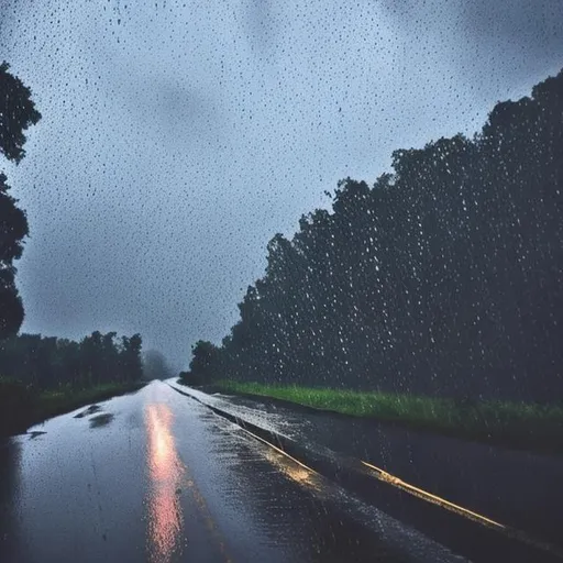 Prompt: rain falling on dark road