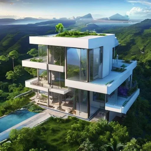 Prompt: "Generate a breathtaking digital artwork of a futuristic, eco-friendly smart home nestled amidst an awe-inspiring natural landscape. This house should seamlessly blend cutting-edge technology with organic beauty, showcasing a harmonious coexistence between human innovation and the environment. Envision a sleek, sustainable architectural masterpiece with transparent, energy-efficient walls that allow an uninterrupted connection to the surrounding lush greenery and panoramic views. Illuminate this digital house with a captivating play of light and shadow, highlighting its sustainability features and its integration with the ecosystem. Infuse it with an otherworldly aura, making it a symbol of a utopian future where technology and nature coalesce in perfect harmony. This digital artwork should leave viewers in awe of the possibilities that lie ahead in the world of architecture and sustainability."