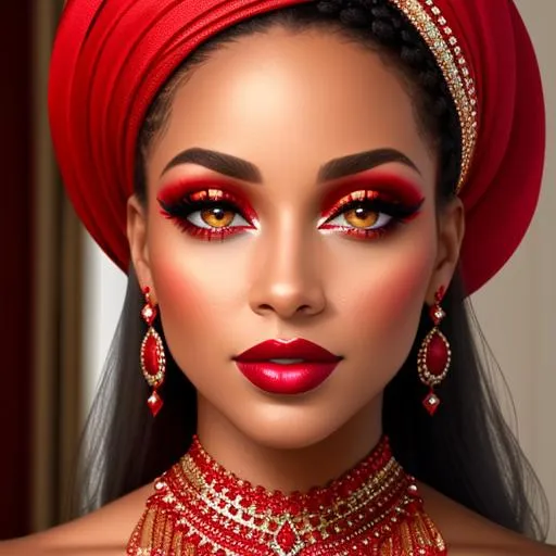 Prompt: Beautiful  biracial woman. color scheme of tuquoise and red. facial,beautiful makeup, closeup