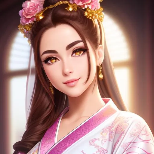 Prompt: ((best quality)) Splash art masterpiece of seductive feminine jojo pose woman with ((hyperdetailed brown hair in ponytail)) and ((hyperdetailed yellow eyes)) and beautiful hyperdetailed feminine attractive face and nose and big lips, ((pink skin)), red shy blush with smile, backlit, ((intricately hyperdetailed see-through white kimono)) with deep cleavage and visible abdominal muscles, abs, toned body, barely any clothing, white kimono, ((seductive gaze)), looking down at camera, standing jojo pose standing on top, looking down perspective, bokeh background, cinematic glamour lighting, backlight, action shot, intricately hyperdetailed, perfect face, perfect body, perfect anatomy, hyperrealistic, sharp focus, epic dark fantasy, glamour, volumetric studio lighting, triadic colors, occlusion, ultra-realistic, 3d lighting, beauty, sensual feminine romance, professional, sensual feminine, perfect composition, unreal engine 8k octane, 3d lighting, UHD, HDR, 8K, render, HD, trending on artstation, front view, ((huge breast)), ((sexy))