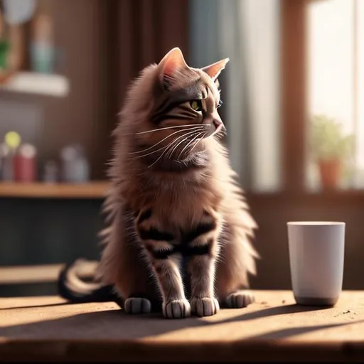 Prompt: A cat sitting on a table drinking coffee realistic cute fluffy