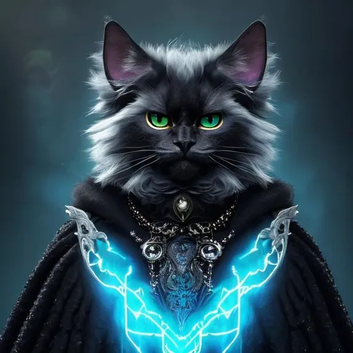 Prompt: <<https://s.mj.run/Q_KknrecACY>> anthropomorphic majestic wizard of black Cat, portrait, blue eyes, blue ears, wearing a finely detailed cloak with realistic furr and royal blue design + ornate intricate silver and white details, powerful pose, ancient lighting, photorealistic, 8k, unreal engine, octane render, full body, d&d, 