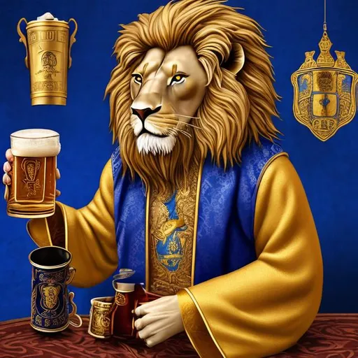 Prompt: regal lion with flowing mane in a royal blue and gold robe drinking from a stein of beer