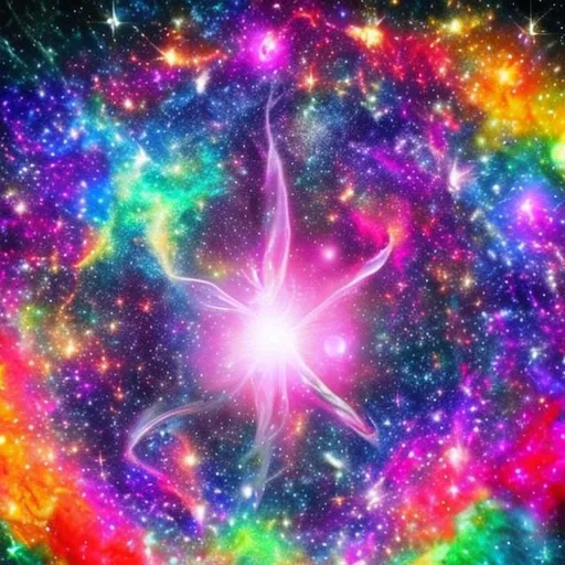 Prompt: the universe releasing light colourful positive energy  