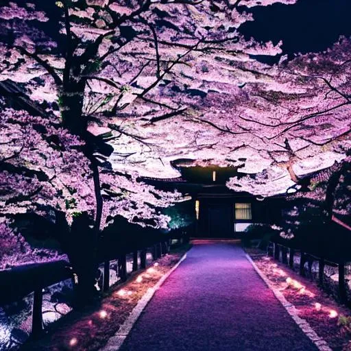 Prompt: realistic night at japanese mansion with cherry blossom trees and leaves falling