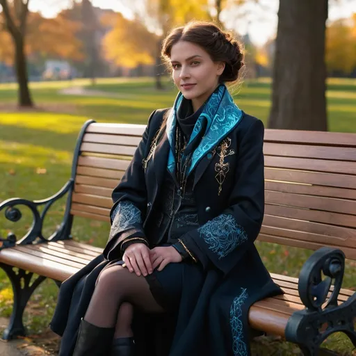 Prompt: A modern witch in 2050 relaxing on a park bench, her outfit a blend of casual and magical elegance, featuring a jacket made from high-tech fabrics with detailed embroidery of glowing magical sigils on the lapels and cuffs, the seams perfectly tailored with threads that shift colors under the sunlight, her scarf handwoven with bioluminescent fibers forming a subtle pattern of runes, comfortable yet intricately designed pants with glowing lines along the pockets, and boots with detailed stitching that pulses faintly, surrounded by a serene park environment with futuristic and natural elements, hyper-detailed, ultra-realistic, 8K resolution.