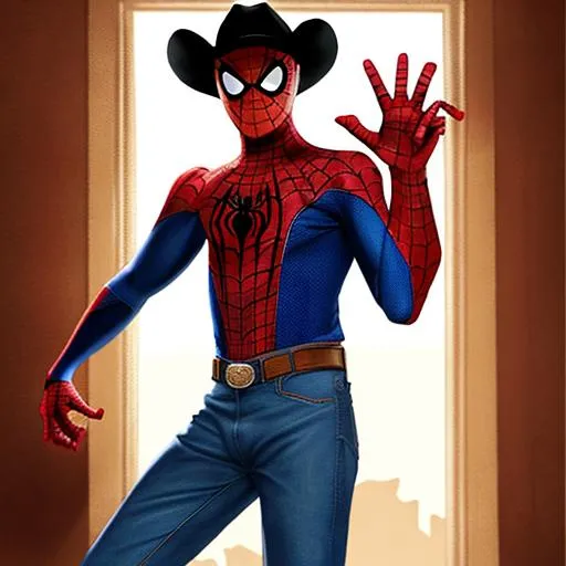 Prompt: Spiderman dressed as a cowboy in a old western movie