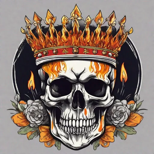 Prompt: Flaming skull wearing a crown, anime style, flag