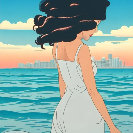 Prompt: back of woman with tropical dusk in style of Hiroshi Nagai painting with the 
