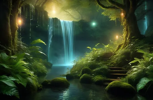 Prompt: (magical scene) A Mystical Forest at dusk, enchanting glowing plants illuminating the surroundings, a serene waterfall cascading gently, surrounded by lush vegetation, ethereal light creating an otherworldly atmosphere, high-quality, ultra-detailed, dreamy ambiance evoking tranquility and wonder.