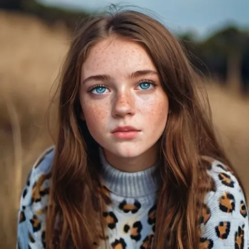Prompt: young pretty girl with freckles, grey blue eyes and wearing a leopard jumper