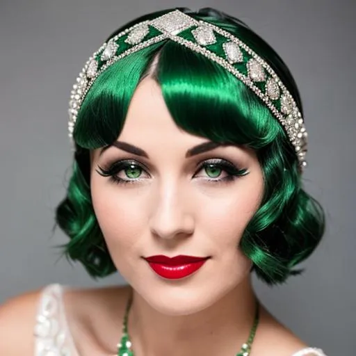 Prompt: 1920s flapper with green  hair and a diamond   headpiece on her head