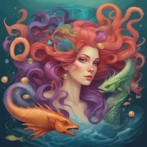 Prompt: A colourful and beautiful Persephone, with precious gem coloured hair and her hair being made out of magic and tentacles, with scales on her skin, with a sea-dragon and fish underwater in a painted style