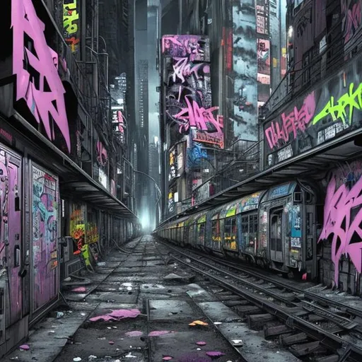 Prompt: Dark purzle color, super realistic, detailism, Cyber Punk, Akira Look, Graffiti on Subways Rolling trough 