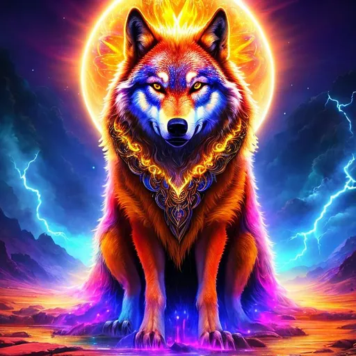 Prompt: (masterpiece, professional illustration, epic digital art, best quality:1.5), insanely beautiful wolf, ancient, celestial guardian, growling, glaring, global illumination, psychedelic colors, illusion, sunrise, finely detailed, calm, detailed face, beautiful detailed eyes, beautiful defined detailed legs, beautiful detailed shading, slender, highly detailed body, (lightning halo), tilted halo, {body crackling with lightning}, billowing wild fur, lilac magic fur highlights, fox ears, jewel crusted crest, lightning blue eyes, flaming eyes, ice elements, {auroras} fill the sky, {ice storm}, crackling lightning, (lightning halo), tilted halo, corona behind head, highly detailed pastel clouds, lightning charged atmosphere, full body focus, beautifully detailed background, cinematic, Yuino Chiri, Kentaro Miura, 64K, UHD, intricate detail, high quality, high detail, masterpiece, intricate facial detail, high quality, detailed face, intricate quality, intricate eye detail, highly detailed, high resolution scan, intricate detailed, highly detailed face, very detailed, high resolution