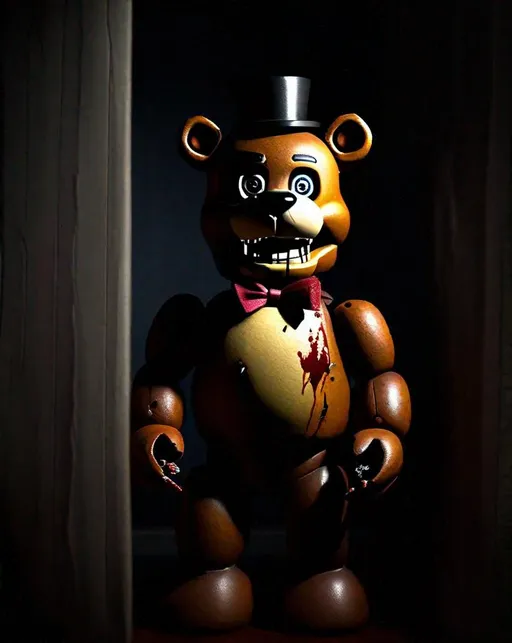 Prompt: Set up your camera in a dark room and place a Freddy Fazbear animatronic doll in the center of the frame. Use the spotlight to create dramatic shadows on the doll's face and body. The doll should be dripping with blood, and the overall mood of the image should be eerie and suspenseful.