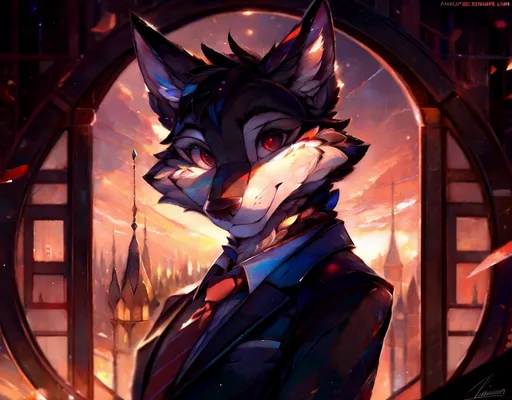 Prompt: solo, anthro, (by_einshelm), wolf, dark fur, red eyes, in a business suit, hell in the background