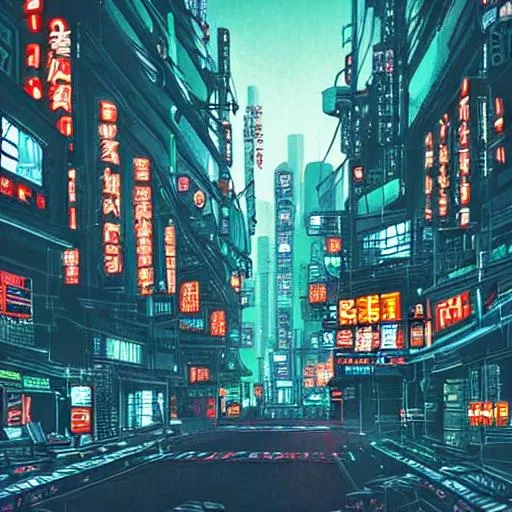 Prompt: dystopian cyberpunk japanese city, tall buildings neon lighting