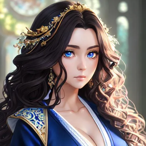 Prompt: "Full body, oil painting, fantasy, anime portrait of young woman with flowing curly dark brown hair and dark blue eyes | wearing a White robe with intricate blue trim on it, #3238, UHD, hd , 8k eyes, detailed face, big anime dreamy eyes, 8k eyes, intricate details, insanely detailed, masterpiece, cinematic lighting, 8k, complementary colors, golden ratio, octane render, volumetric lighting, unreal 5, artwork, concept art, cover, top model, light on hair colorful glamourous hyperdetailed medieval city background, intricate hyperdetailed breathtaking colorful glamorous scenic view landscape, ultra-fine details, hyper-focused, deep colors, dramatic lighting, ambient lighting god rays, flowers, garden | by sakimi chan, artgerm, wlop, pixiv, tumblr, instagram, deviantart