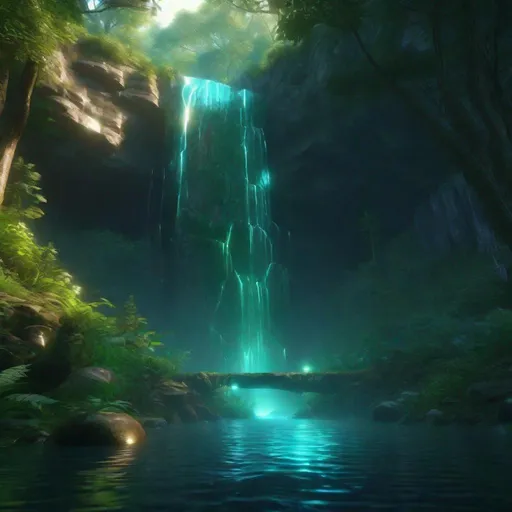 Prompt: Envision a glowing waterfall in a lush forest. Fantasy, another dimension. Hyperrealistic, UHD, HD, 8K, a portal rests besides the river