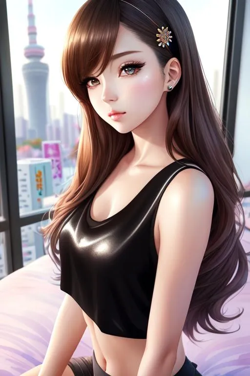 Prompt: Modern girl, hyper realistic watercolor masterpiece, 
black glamorous crop top, beautiful, pretty, kawaii anime girl with brown hair, wear diamond hair clip, tokyo city background, sit on the bed

hyperrealistic watercolor masterpiece, smooth soft skin, big dreamy eyes, beautiful fluffy volume hair, symmetrical, anime wide eyes, soft lighting, detailed face, wlop, rossdraws, concept art, digital painting, looking into camera

hyper realistic masterpiece, highly contrast water color pastel mix, sharp focus, digital painting, pastel mix art, digital art, clean art, professional, contrast color, contrast, colorful, rich deep color, studio lighting, dynamic light, deliberate, concept art, highly contrast light, strong back light, hyper detailed, super detailed, render, CGI winning award, hyper realistic, ultra realistic, UHD, HDR, 64K, RPG, inspired by wlop, UHD render, HDR render
