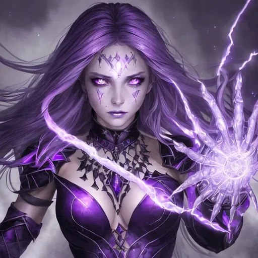 Prompt: A ultra realistic portrait of a sorceress. Her outfit is purple and silver. Magic energy is coursing through her skin and coming from her glowing eyes. The ground in crumbling beneath her.