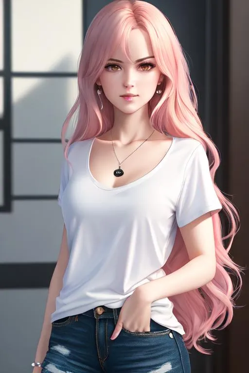 Prompt: oil painting, UHD,  8k, Very detailed, panned out view, whole character, beautiful Young adult, visible face, pink Long Hair which is buzzed of at the right Side, slightly angry look, lips straight, raised left eyebrow, long loose black low neckline t-shirt, shirt tucked in shorts, pearl earings, dog tags, orange eyes