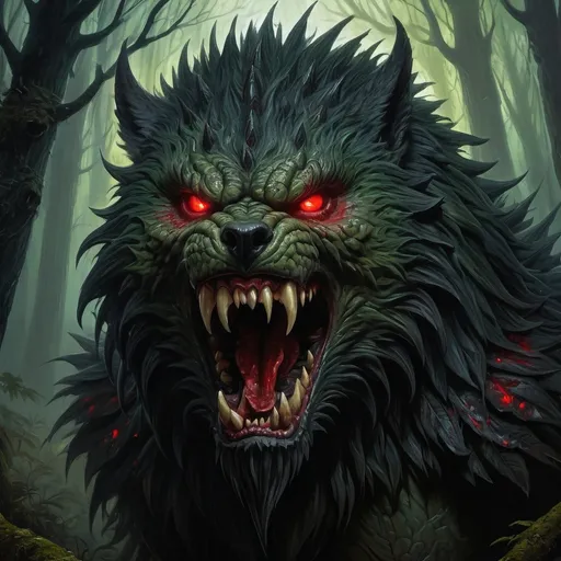 Prompt: Warhammer fantasy RPG style horror monster, haunting, unnatural, blood dripping from mouth, bristly black fur, highly detailed illustration, detailed wide open jaws, long spiky teeth, fearful expression, oil painting, dark and ominous atmosphere, intricate bark textures, haunting black and green hues, mystical forest setting, piercing red glowing eyes, ancient and weathered appearance, best quality, highly detailed, oil painting, fantasy, dark atmosphere, intricate textures, mystical forest, glowing eyes, ancient appearance, haunting colors, professional, dramatic lighting