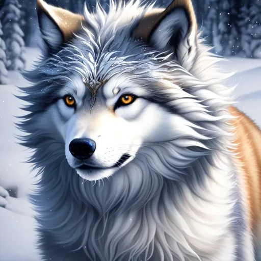Prompt: (full body, professional oil painting, epic digital art, intricately detailed, best quality:1.5), insanely beautiful epic direwolf, glistening (silver eyes:10), thick frosted (gold fur), scarlet magic fur highlights, 8k expressive big silver eyes, thick soft ethereal 8k fur, wispy fur, wispy hair, detailed face, intricate details, blue frost on forehead, gold crystals on crest, game of thrones, intricately detailed, masterpiece, symmetric, perfect composition, cinematic lighting, soft lighting, studio light, ambient gold light, 8k, complementary colors, golden ratio, high octane render, volumetric lighting, depth, realistic, highly detailed shading, unreal 5, enchanted woods, timid, ethereal, winter wonderland, snow falling, silver light columns, artstation, top model, sunlight on fur, intricate hyper detailed breathtaking colorful glamorous scenic view landscape, Yuino Chiri, ultra-fine details, hyper-focused, deep colors, dramatic, blizzard, medium full body, intricate detail, high quality, high detail, masterpiece, intricate facial detail, high quality, detailed face, intricate quality, intricate eye detail, highly detailed, high resolution scan, intricate detailed, highly detailed face, very detailed, high resolution