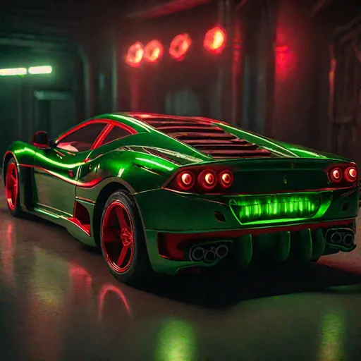 Prompt: broly demonic ferari car see the whole car side view with green-red tint ultra realistic super detailed cinematic lighting, intricate details, sharp focus, creepy, scary, complex background, fantasy 