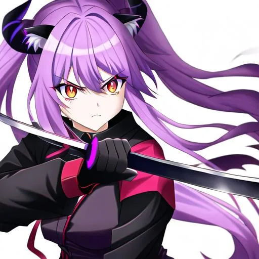 Prompt: Haley  as a demon (multi-color hair) (multi-color eyes)(she has horse ears) holding a katana, fighting, with an angry look on her face