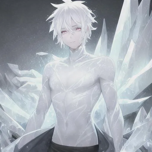 An teenage anime boy with white frosty hair, glowing blue eyes, a