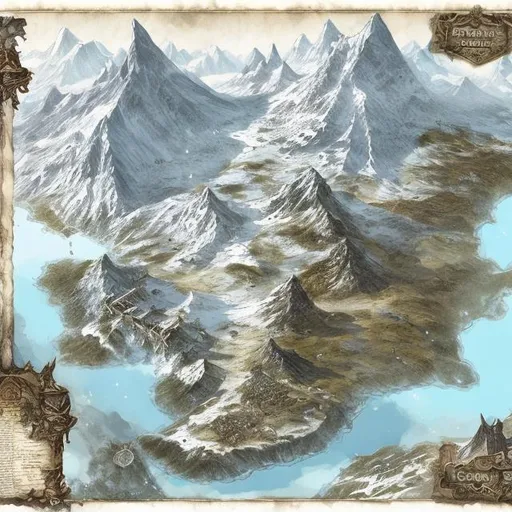 Prompt: fantasy map, dnd, north, snow, cold, mountains