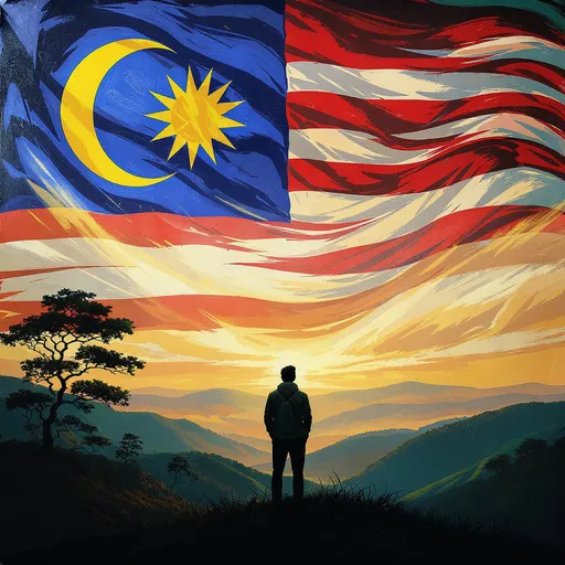 Prompt: make a art of a person standing while looking at malaysia flag in a landscape style