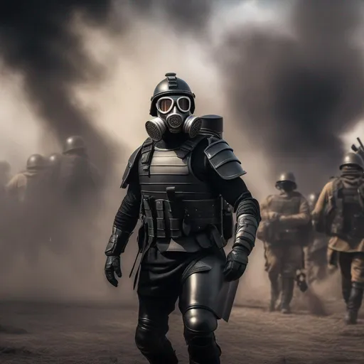 Prompt: A modern roman military male in black military armor, and gas mask, background war battle, Hyperrealistic, sharp focus, Professional, UHD, HDR, 8K, Render, electronic, dramatic, vivid, pressure, stress, nervous vibe, loud, tension, traumatic, dark, cataclysmic, violent, fighting, Epic