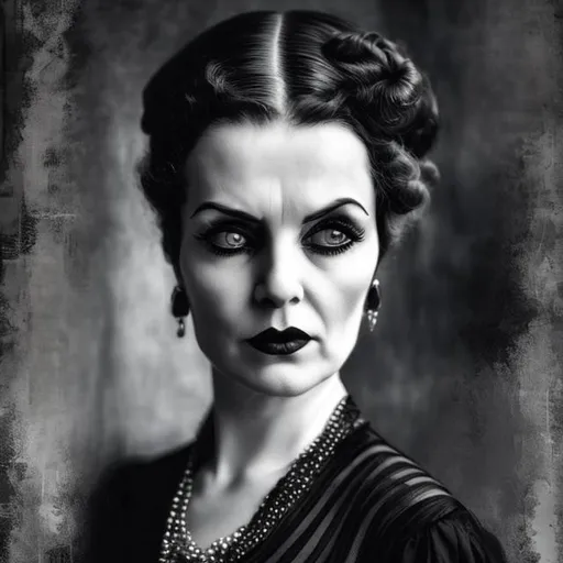 Prompt: old, severe woman, black dress, stern look, realistic, black&white, 1920s