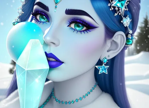 Prompt: GeminiTay, Heavy snow, Giant Blue Orb in Sky, Long Straight Blue hair, Ice crystal tiara with Green Flowers, Thick bushy blue eyebrows, medium sized nose, plump diamond shape face,  Blue lips, ethereal blue eyes, Triangle Star earrings, soft ears, Large blue plastic chain around neck, Blue heart necklaces, Purple candy shaped rings, Large blue fur coat with armor underneath. Scaley gloves. Long Blue Skirt with moons.