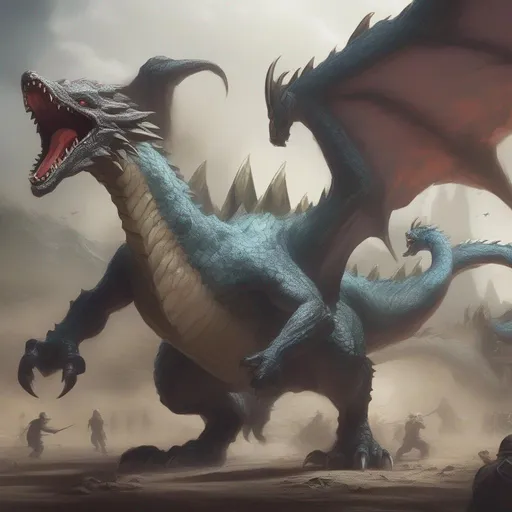 Prompt: concept art of kaiju wyvern dragon rearing up and fighting tiny army and soldiers