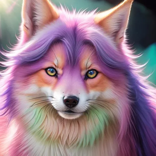 Prompt: {pink, purple, yellow, and mint green fox kit}, realistic, epic oil painting, pastel colors, (canine quadruped:1), large round purple eyes, hyper detailed eyes, (hyper real), furry, (hyper detailed), photorealism, extremely beautiful, playful, UHD, studio lighting, best quality, professional, extremely beautiful, glistening fur, fur glows like auroras, highly saturated colors, neon colors, masterpiece, ray tracing, cosmos, complementary colors, golden ratio, nebula background, heterochromia, 8k eyes, 8k, highly detailed, highly detailed fur, cinematic, hyper realistic thick fur, (high quality fur), fluffy, fuzzy, full body shot, anime background, rear view, hyper detailed eyes, perfect composition, realistic fur, fox nose, highly detailed mouth, realism, ray tracing, soft lighting, complex background, highly detailed background, studio lighting, masterpiece, trending, instagram, artstation, deviantart, best art, best photograph, unreal engine, high octane, cute, adorable smile, lazy, peaceful, (highly detailed background), vivid, vibrant, intricate facial detail, incredibly sharp detailed eyes, incredibly realistic fur, concept art, anne stokes, yuino chiri, character reveal, extremely detailed fur, sapphire sky, complementary colors, golden ratio, rich shading, vivid colors, high saturation colors, silver light beams