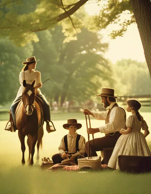 Prompt: A frontier family in 1800s attire enjoy summertime activities like horseback riding, fishing, and picnicing together in a wooded meadow. Golden light, shot on 35mm film. Nostalgic, warm, community.