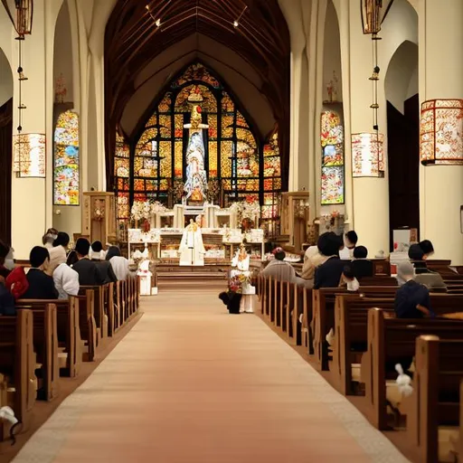 Prompt: As the sun begins to set, casting a warm golden hue, the church's doors open, inviting the faithful inside. A mix of Japanese and Western parishioners, dressed in a harmonious blend of traditional Japanese attire and elegant Catholic garments, enter the church, respectfully bowing to the altar before taking their seats.