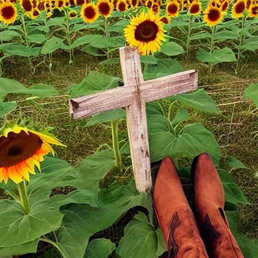 Prompt: A cross and a pair of cowboy boots in a field of sunflowers 