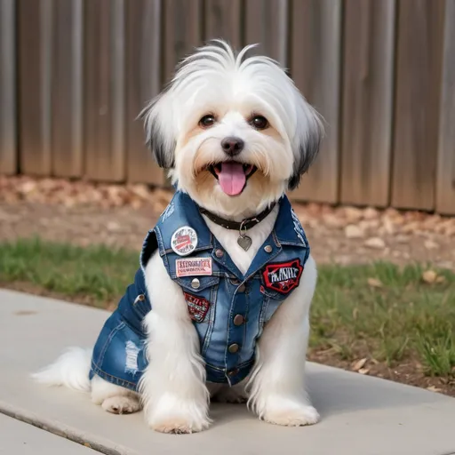 Prompt: Havanese dog wearing a heavy metal music denim vest with patches