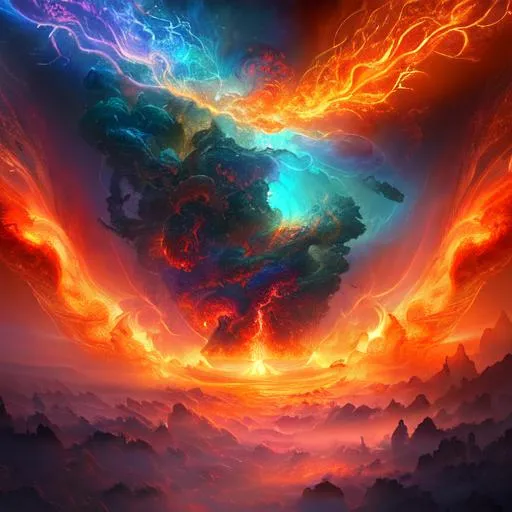 Prompt: Tornadic morning sunrays nebula beautiful elaborate hyperdetailed meticulous magnificent intricate firey flickering light liminal space elemental detailed matte painting, deep color, fantastical, intricate detail, splash screen, complementary colors, fantasy concept art, 8k resolution trending on Artstation Unreal Engine 5
