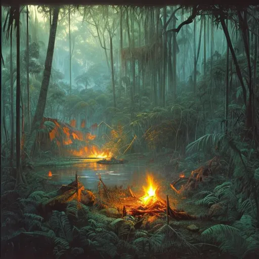 Prompt: Landscape painting, lush and dark jungle, small hunter camp with campfire, dull colors, danger, fantasy art, by Hiro Isono, by Luigi Spano, by John Stephens